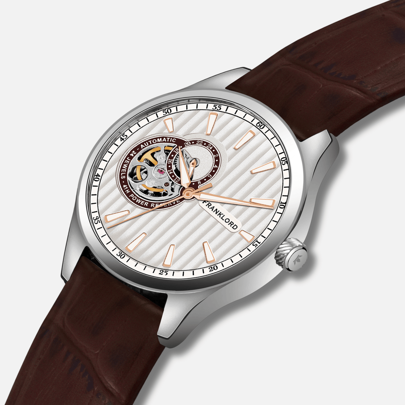 Franklord Regal Sapphire Open Heart - Caramel Glow Leather Automatic Watch