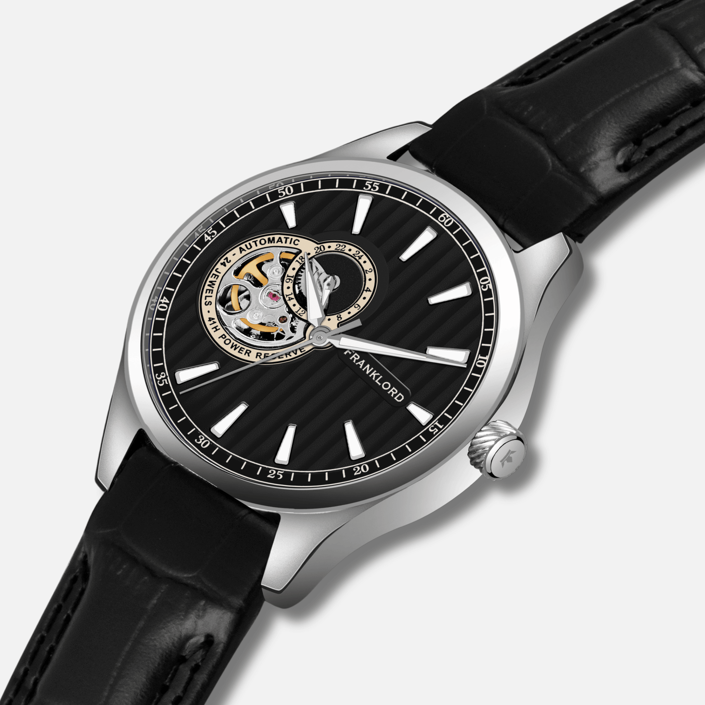 Franklord Regal Sapphire Open Heart - Ebony Luxe Leather Automatic Watch