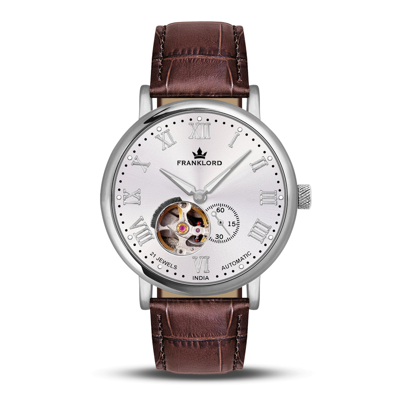 Franklord Heritage Open Heart – Rustic Luxe | Brown Strap Silver Dial Automatic Watch for Men
