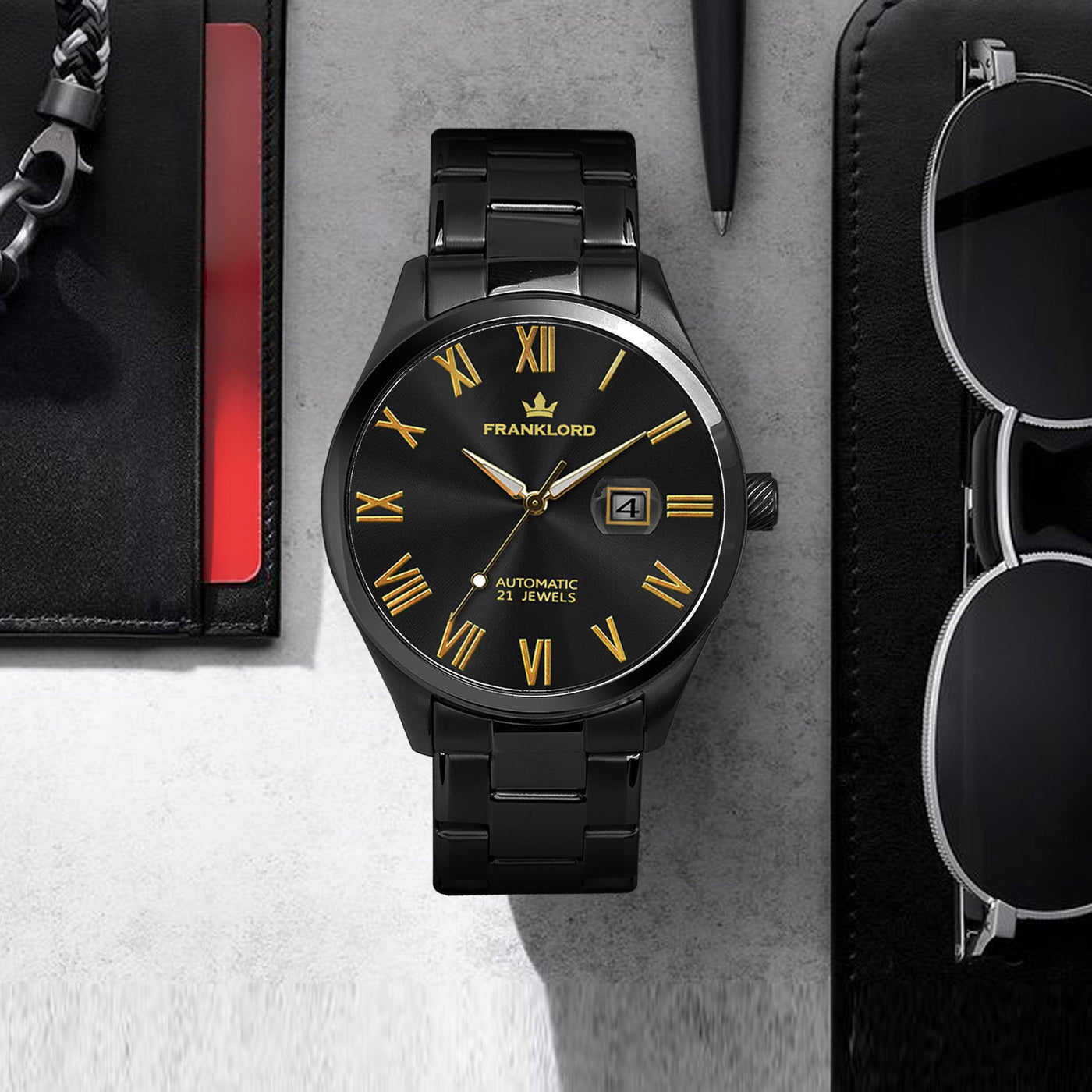 Franklord Regal Sapphire Roman - Obsidian Royale | Black & Gold Luxury Automatic Watch
