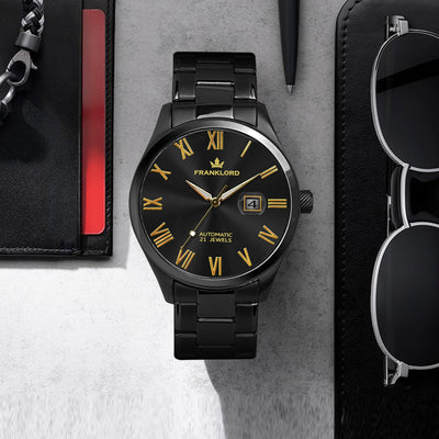 Franklord Regal Sapphire Roman - Obsidian Royale | Black & Gold Luxury Automatic Watch