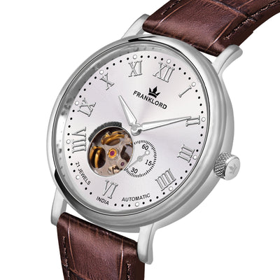 Franklord Heritage Open Heart – Rustic Luxe | Brown Strap Silver Dial Automatic Watch for Men