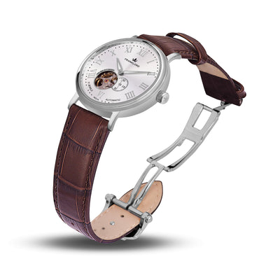 Franklord Heritage Open Heart – Rustic Luxe | Brown Strap Silver Dial Automatic Watch for Men