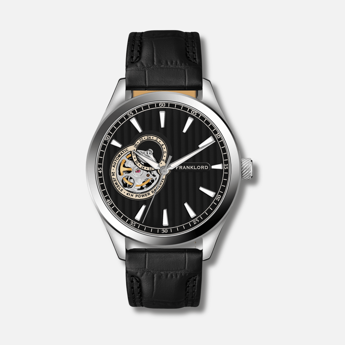 Franklord Regal Sapphire Open Heart - Ebony Luxe Leather Automatic Watch