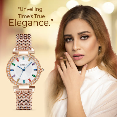 SERENE Multicolor Studded Gold Watch