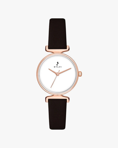 Sylvi Velvetine White-Rosegold-Coffee Leather Strap Watch for Women