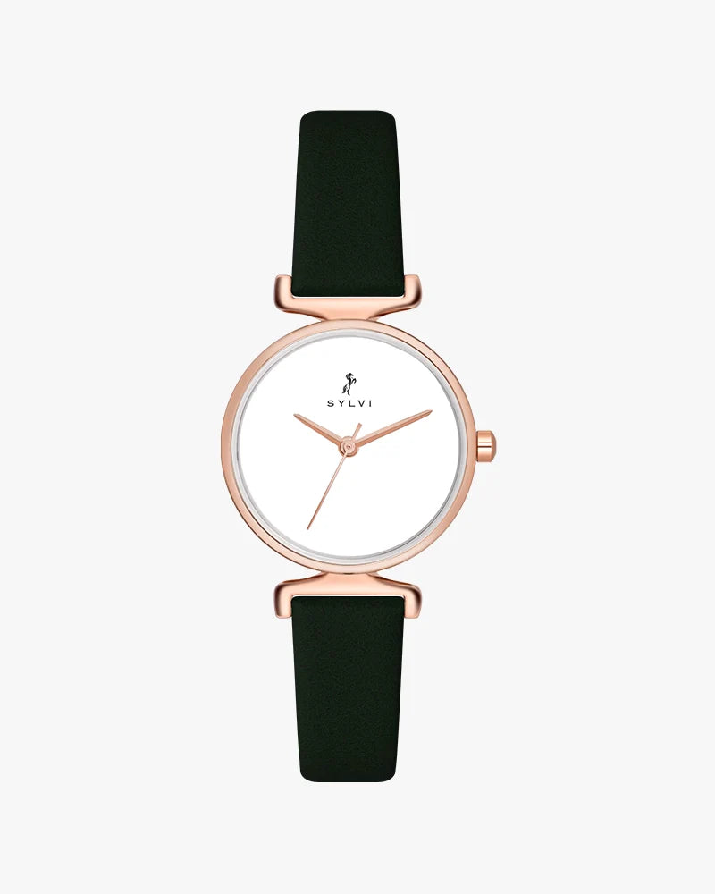 Sylvi Velvetine White-Rosegold-Green Leather Strap Watch for Women