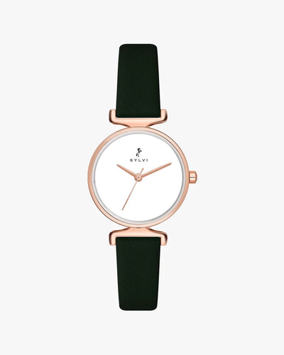 Sylvi Velvetine White-Rosegold-Green Leather Strap Watch for Women