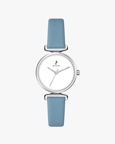 Sylvi Velvetine White-Silver-Sky Blue Leather Strap Watch for Women