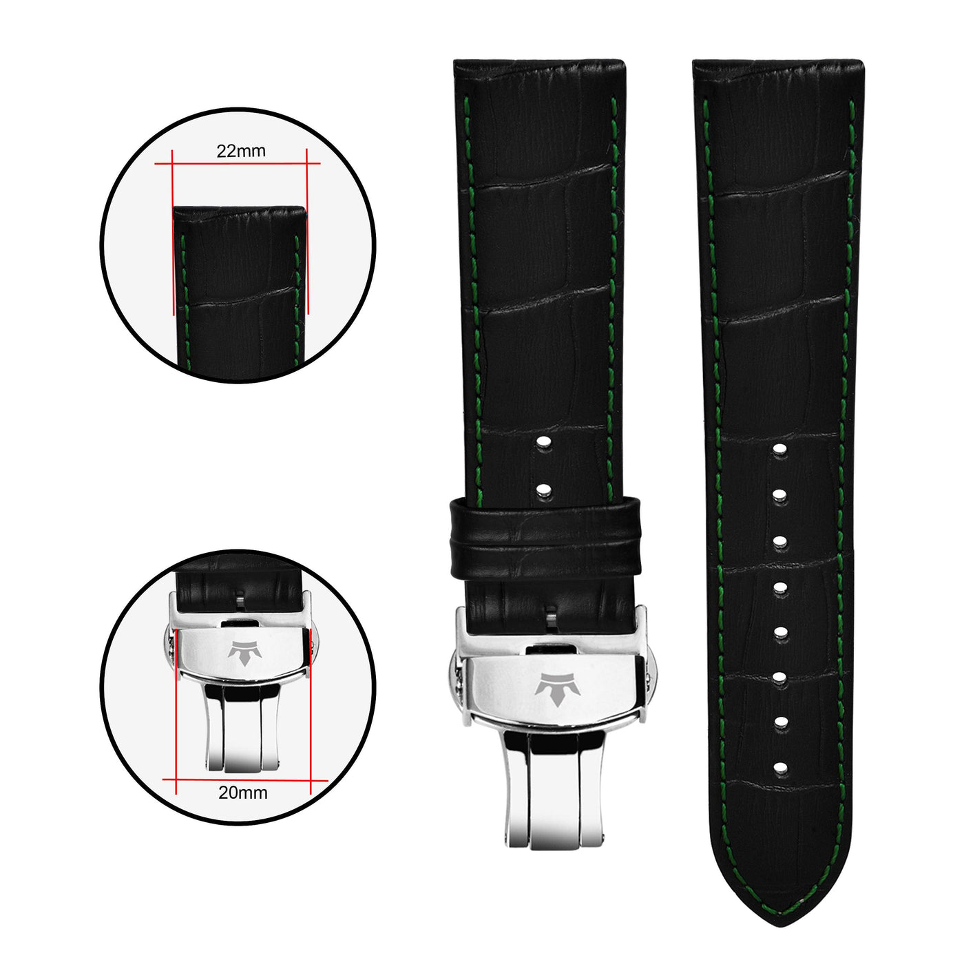 Franklord Genuine Leather Strap - Black Crocodile Style with Green Stitching