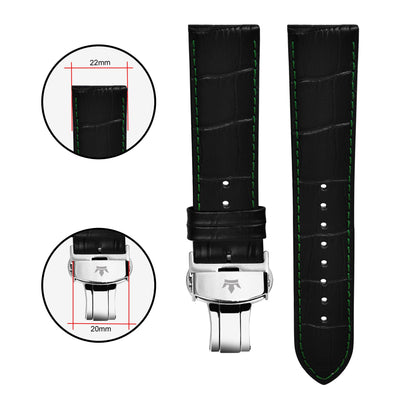 Franklord Genuine Leather Strap - Black Crocodile Style with Green Stitching