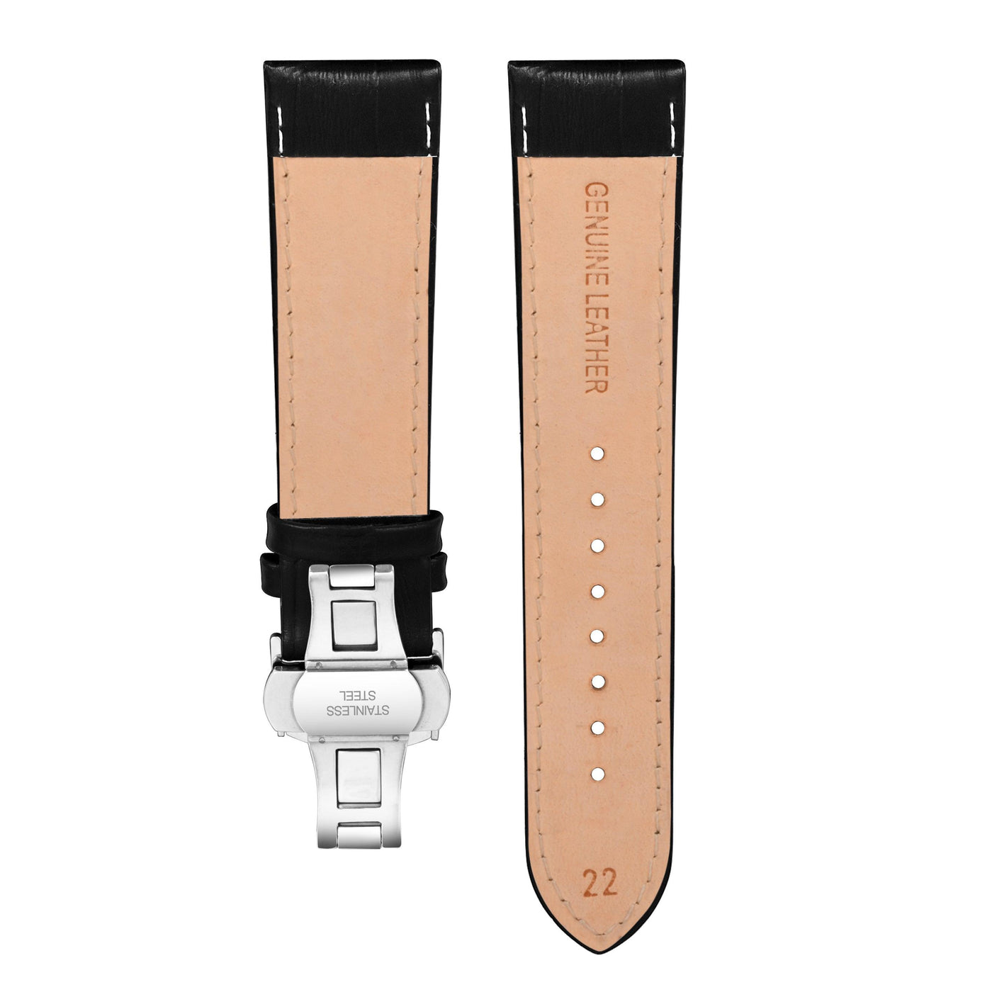 Franklord Genuine Leather Strap - Black Crocodile Style with Green Stitching