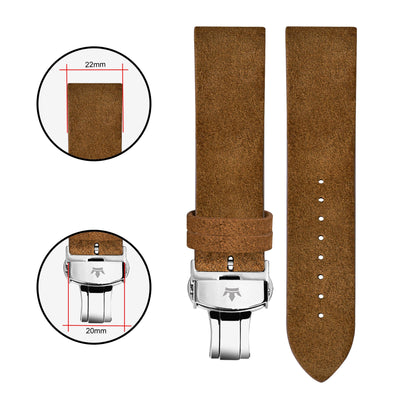 Franklord Genuine Suede Leather Strap - Brown with Stainless Steel Butterfly Buckle