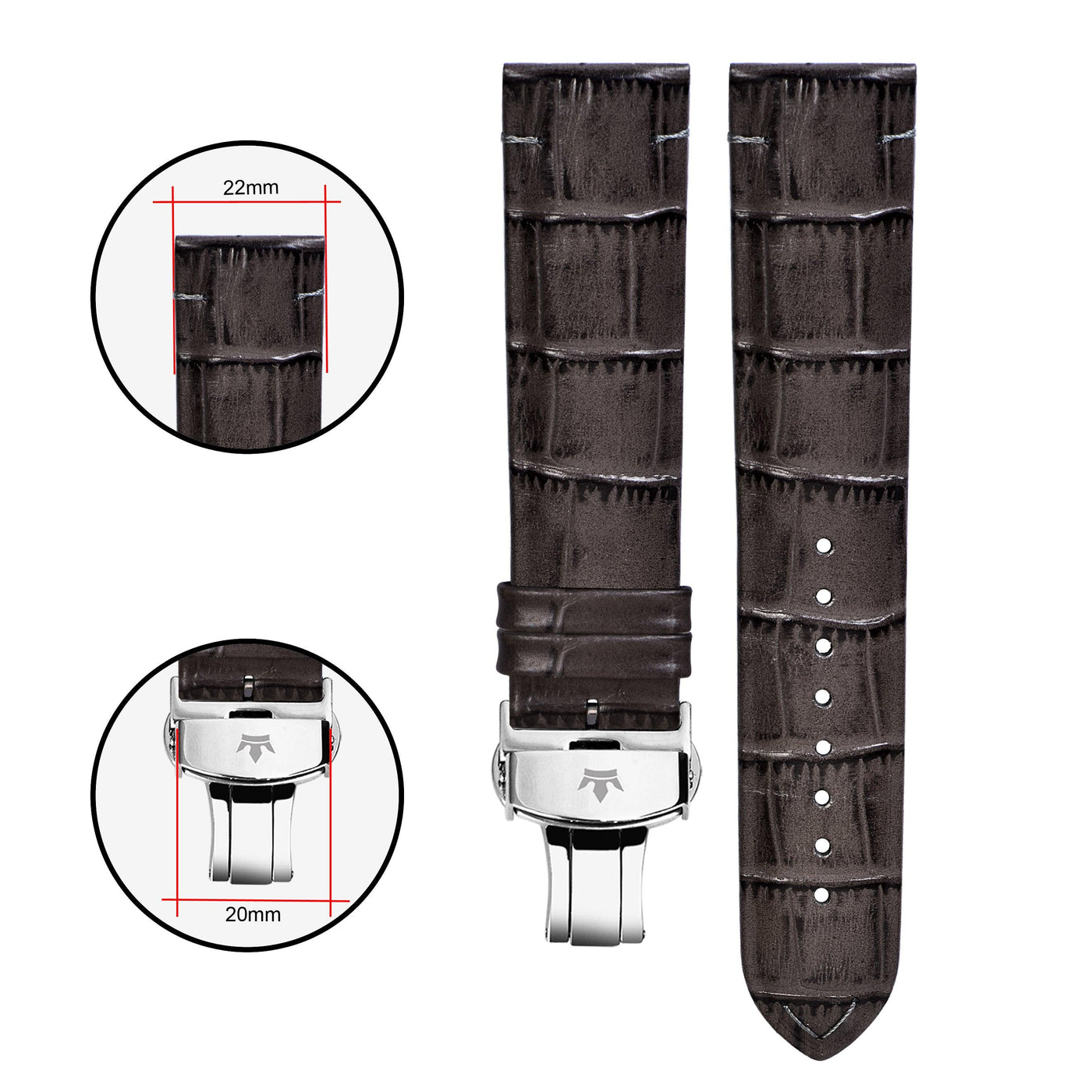 Franklord Genuine Leather Strap - Grey Alligator Style with Subtle Stitching