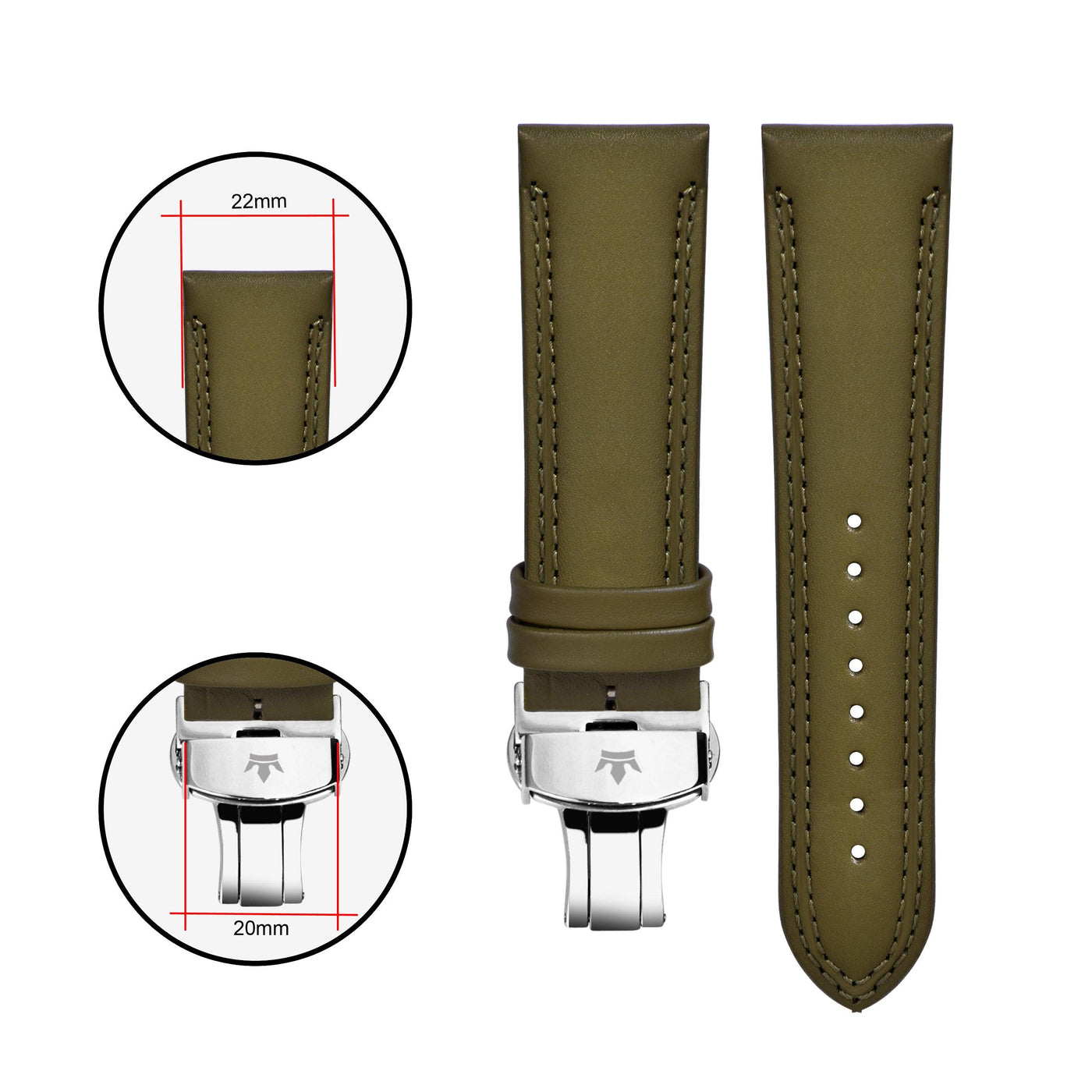 Franklord Genuine Leather Strap - Olive Green with Double Stitching