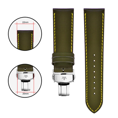 Franklord Genuine Leather Strap - Olive Green with Yellow Stitching
